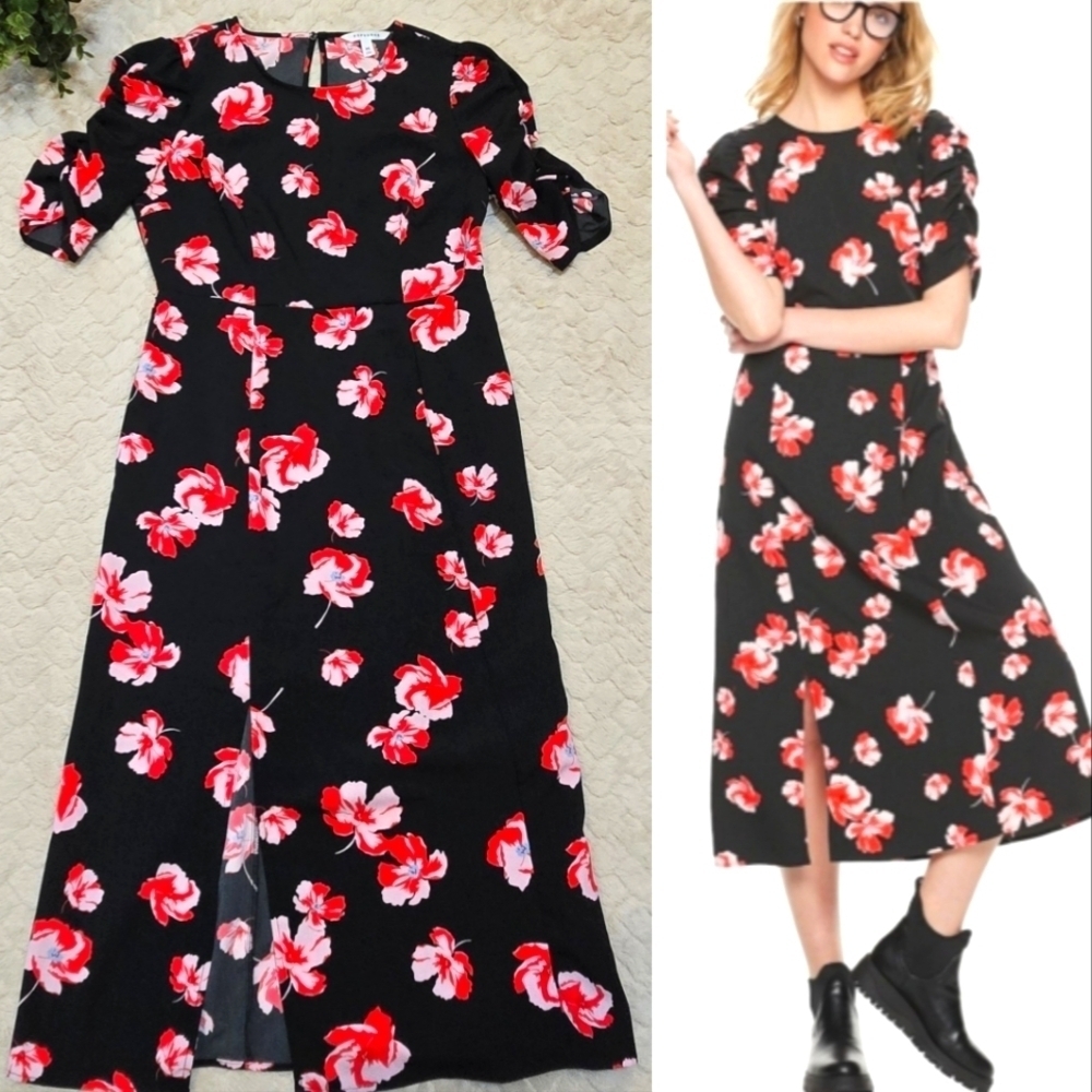POPSUGAR Black and Red Floral Midi-Dress, Size Medium